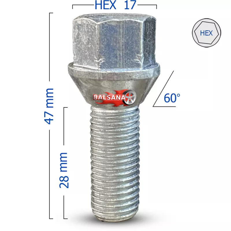 Varžtas 60 Kon. KESKIN hex17 Conical 12x1.5 28mm