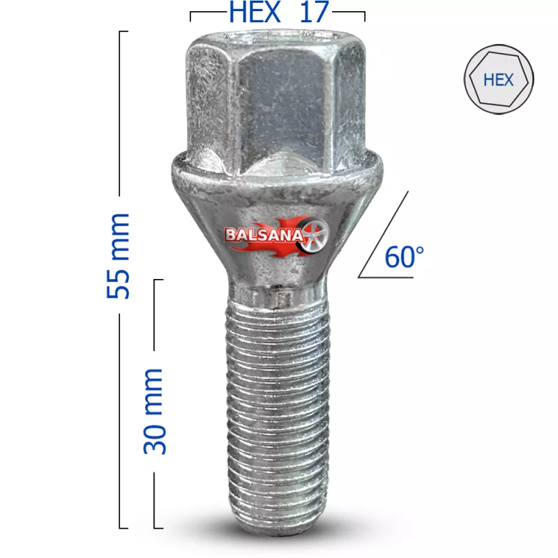 Varžtas 60 Kon. BIM-B30 Conical 12x1.5 hex17 30mm