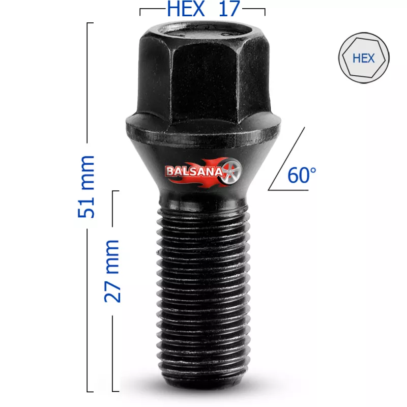 Varžtas 60 Kon. Bimecc DK-BIM-C17F27-ZNNI Black hex17 14x1.25 Conical 27mm