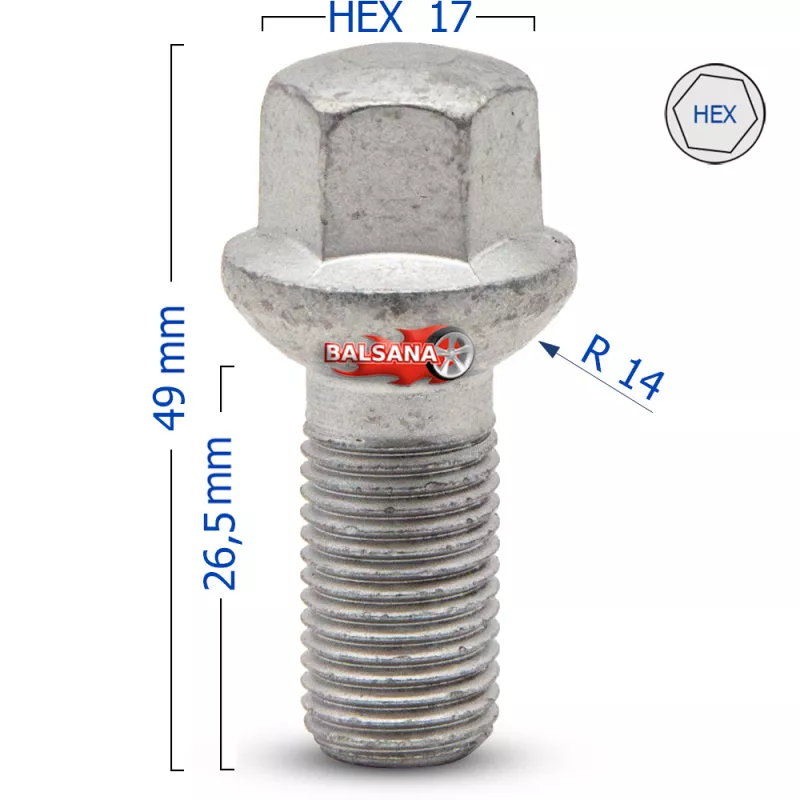 Varžtas R14 Sfera Bimecc LS17D27R14 hex17 Spherical 14x1.5 27mm