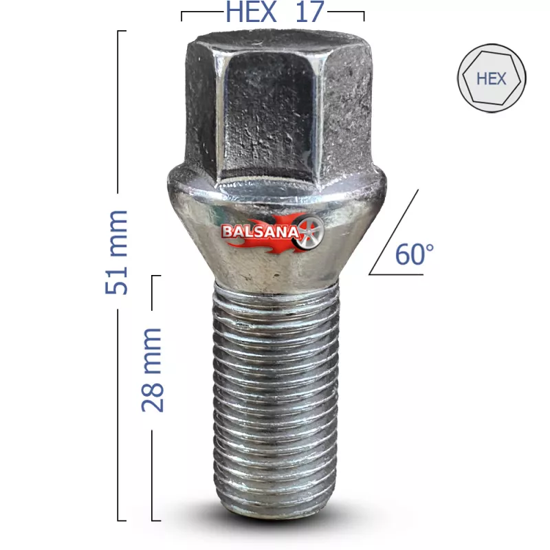 Varžtas 60 Kon. hex17 Conical 14x1.5 28mm