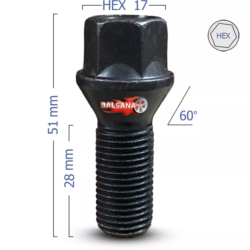 Varžtas Bimecc DK-BIM-B13-ZNNI Black Conical 14x1.5 hex17 28mm