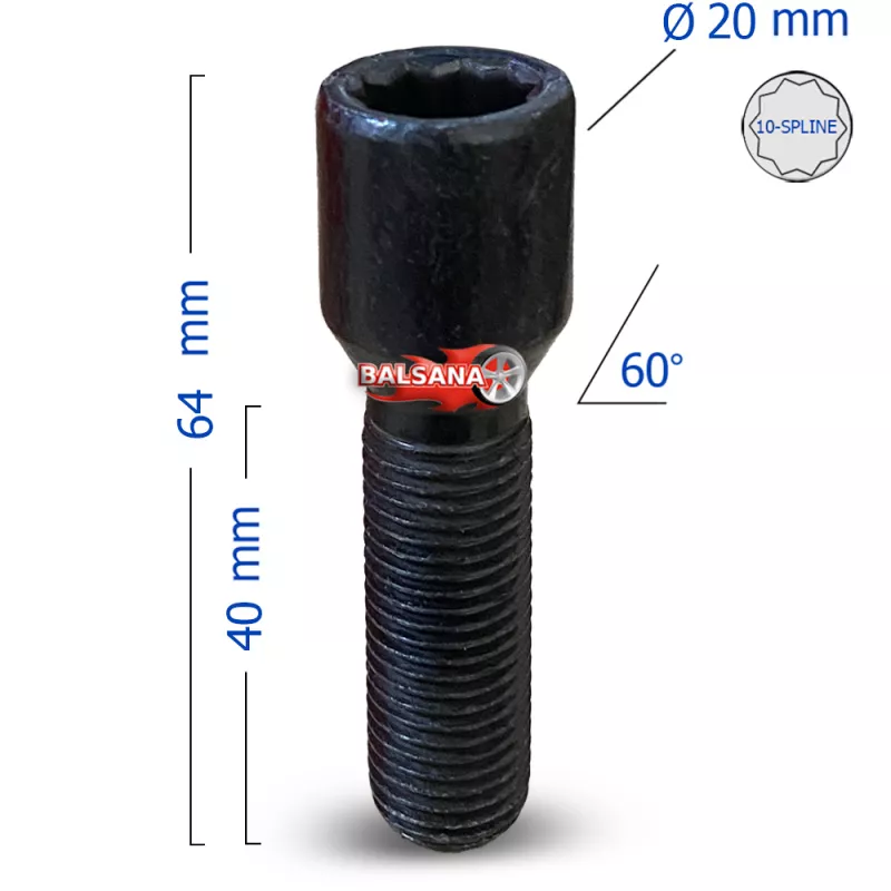 Varžtas JR-WHEELS 10 Star 20mm BLACK Conical 14x1.5 Star 40mm